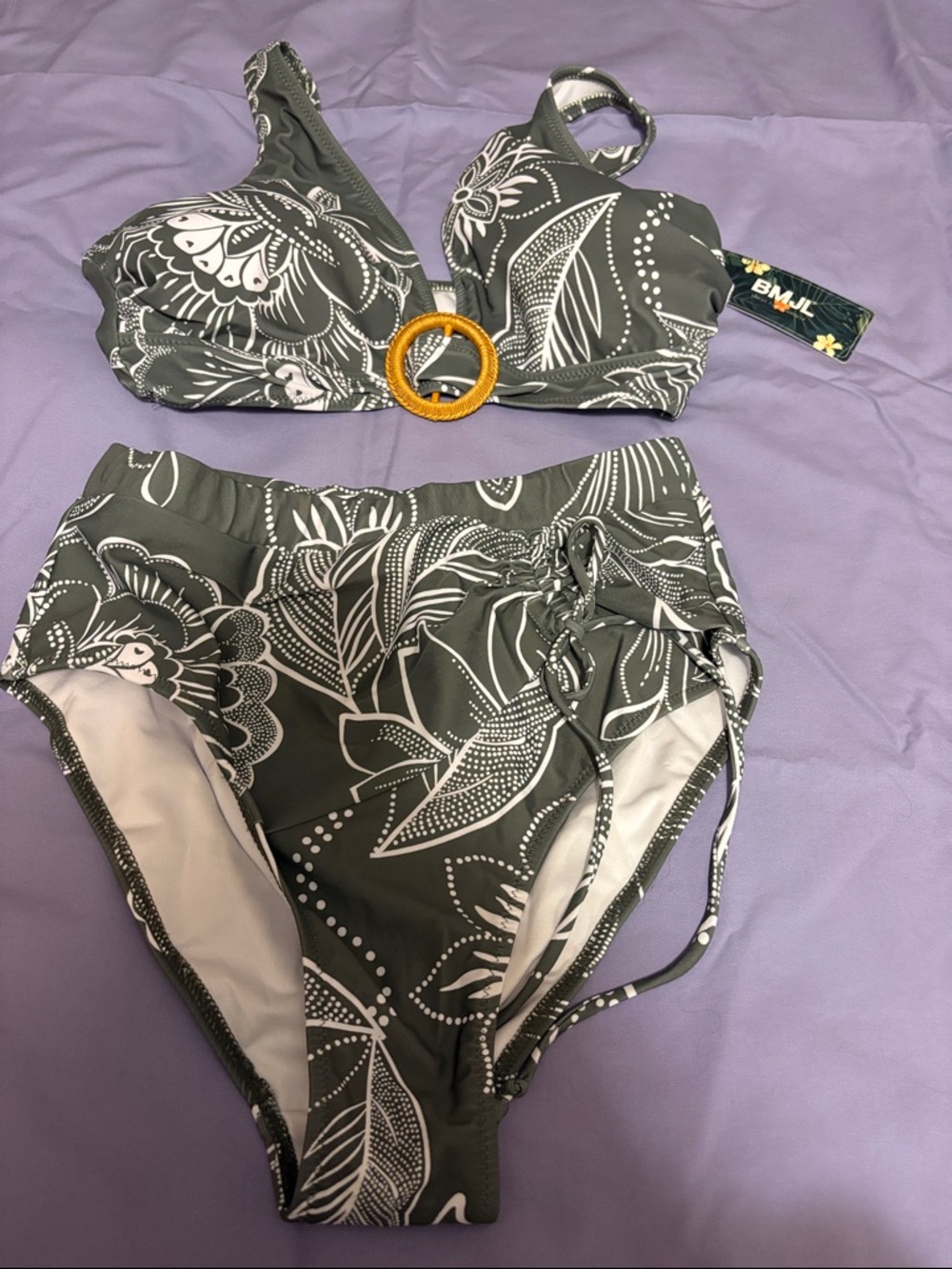Blooming Jelly Olive Green & White Floral High-Waist Bikini Set